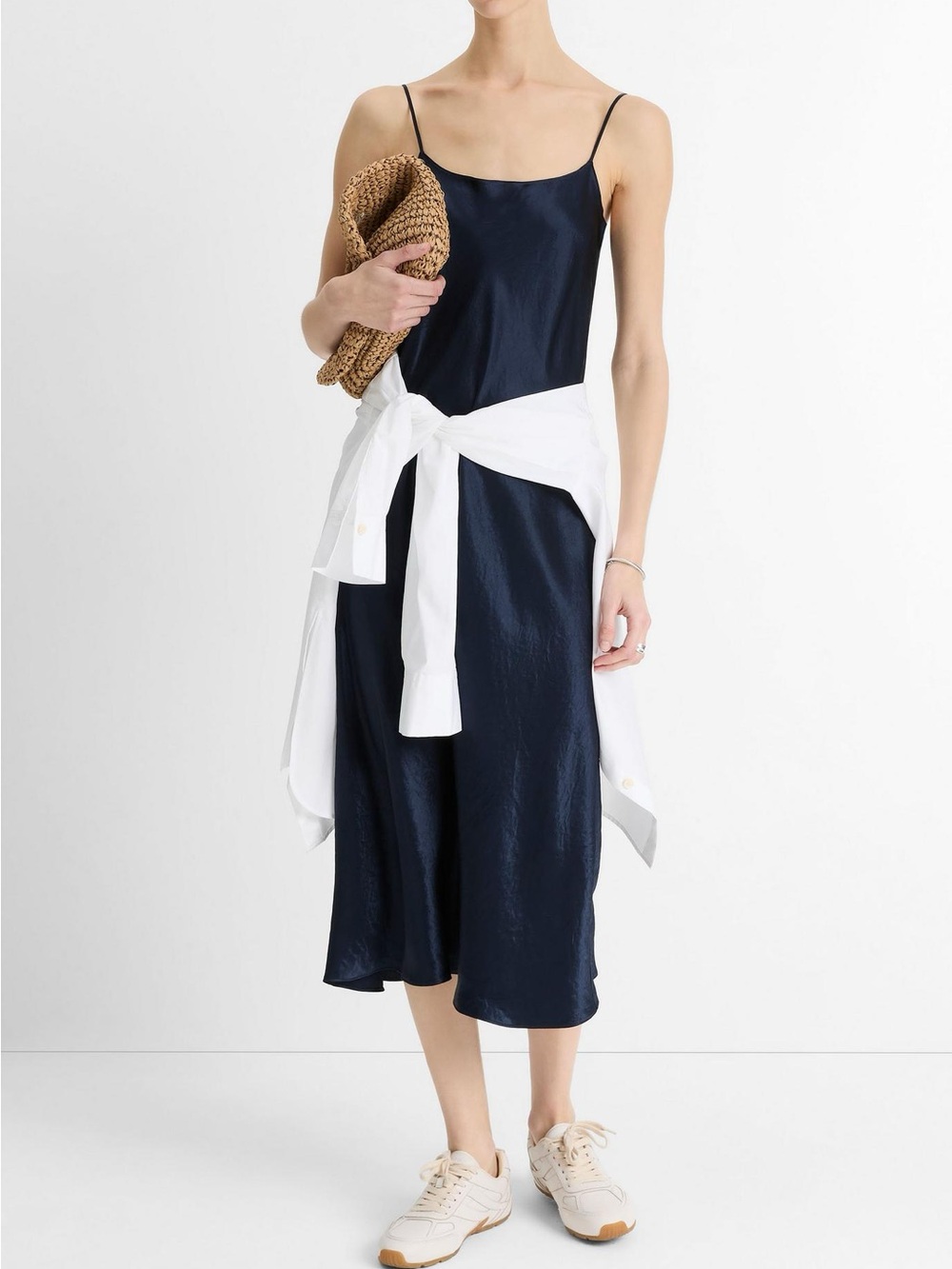 Vince Satin Slip Midi Dress with Spaghetti Straps in Coastal Blue Navy
